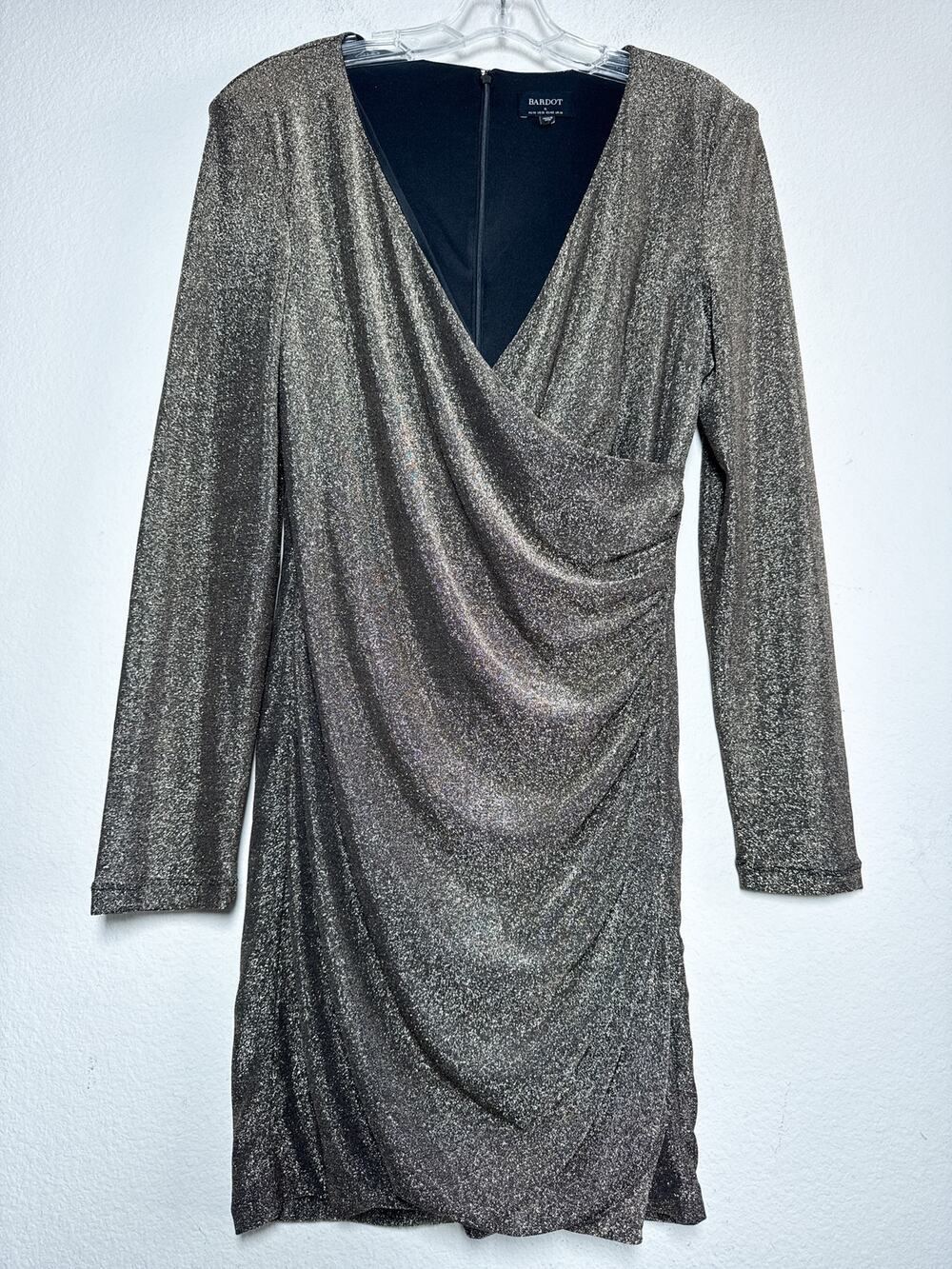 Bardot Metallic Wrap Dress XL Gold Ruched V Neck Party Cocktail